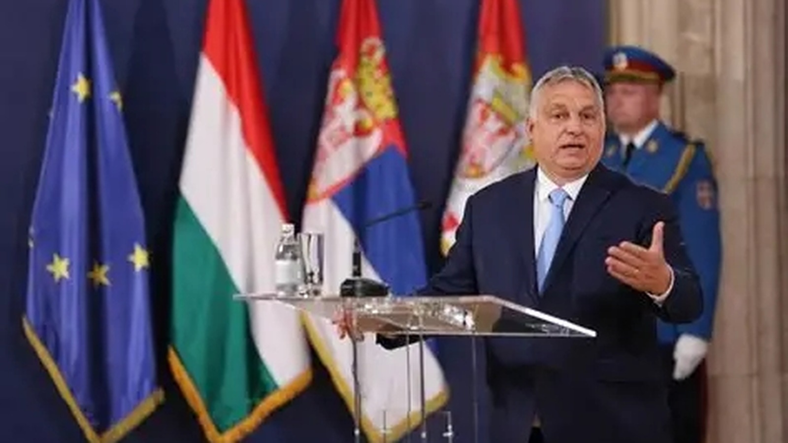 Hungary Prime Minister Viktor Orbán speaking at a podium